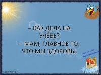 – Как дела на учёбе?
– Мам, главное то, что мы здоровы.