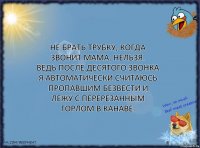 не брать трубку, когда звонит мама, нельзя.
ведь после десятого звонка я автоматически считаюсь пропавшим безвести и лежу с перерезанным горлом в канаве.