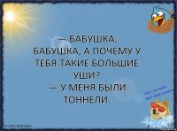 — Бабушка, бабушка, а почему у тебя такие большие уши?
— У меня были тоннели.