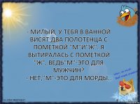 - Милый, у тебя в ванной висят два полотенца с пометкой "М"и"Ж". Я вытиралась с пометкой "Ж", ведь"М"-это для мужчин?
- Нет,"М"-это для морды..