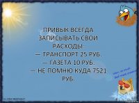 Привык всегда записывать свои расходы:
— Транспорт 25 руб.
— Газета 10 руб.
— Не помню куда 7521 руб.