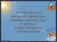 - Это Арагорн-сын Араторна, Гимли-сын Глойна и Леголас-сын П*дораса.
- Я сын Трандуила!
- А я как сказал?