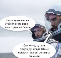 Настя, один час на этой планете равен семи годам на Земле Отлично, тут я и подожду, когда Юнис согласиться встречаться со мной