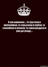 Я как хамелеон ... То грустная и молчаливая, то серьезная и грубая, то спокойная и нежная, то сумасшедшая и ржу до упаду ... 