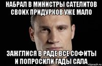 набрал в министры сателитов своих придурков уже мало зажглися в раде все софиты и попросили гады сала