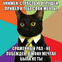 унижен, страстью оглушен. привел к тебе свои мечты. сраженный раз - не побежден. в моих мечтах была не ты