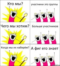 Кто мы? участники это группы Чего мы хотим? Больше участников Когда мы их наберём? А фиг его знает