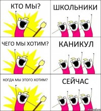 КТО МЫ? ШКОЛЬНИКИ ЧЕГО МЫ ХОТИМ? КАНИКУЛ КОГДА МЫ ЭТОГО ХОТИМ? СЕЙЧАС