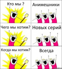 Кто мы ? Анимешники Чего мы хотим? Новых серий Когда мы хотим? Всегда