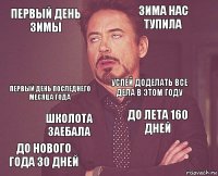 первый день зимы зима нас тупила первый день последнего месяца года до нового года 30 дней до лета 160 дней успей доделать все дела в этом году школота заебала   