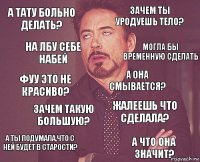 а тату больно делать? зачем ты уродуешь тело? фуу это не красиво? а ты подумала,что с ней будет в старости? жалеешь что сделала? а она смывается? зачем такую большую? а что она значит? на лбу себе набей могла бы временную сделать