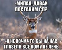 -милая, давай поставим сп? -я не хочу что бы на нас глазели все кому не лень