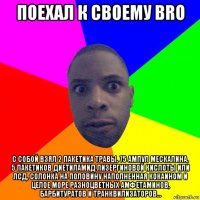 поехал к своему bro с собой взял 2 пакетика травы, 75 ампул мескалина, 5 пакетиков диетиламид лизергиновой кислоты или лсд, солонка на половину наполненная кокаином и целое море разноцветных амфетаминов, барбитуратов и транквилизаторов...