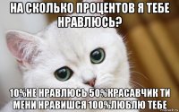 на сколько процентов я тебе нравлюсь? 10%не нравлюсь 50%красавчик ти мени нравишся 100%люблю тебе