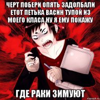 черт побери опять задолбали етот петька васин тупой из моего класа ну я ему покажу где раки зимуют