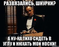 развязались, шнурки? а ну-ка тихо сидеть в углу и нюхать мои носки!