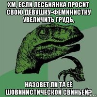 хм, если лесбиянка просит свою девушку-феминистку увеличить грудь, назовет ли та её шовинистической свиньей?