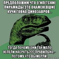 предположим,что египетские пирамиды,это окаменевшие кучи говна динозавров... тогда почему они так мало успели насрать??? правильно, - потому что вымерли!