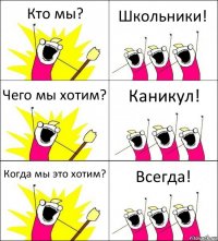 Кто мы? Школьники! Чего мы хотим? Каникул! Когда мы это хотим? Всегда!