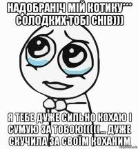 надобраніч мій котику*** солодких тобі снів))) я тебе дуже сильно кохаю і сумую за тобою(((((... дуже скучила за своїм коханим