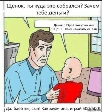 Щенок, ты куда это собрался? Зачем тебе деньги? Даник с Юрой зовут на кеш 100/100. Хочу наказать их, пап. Далбаеб ты, сын! Как мужчина, играй 500/500!