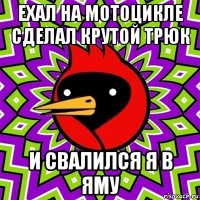 ехал на мотоцикле сделал крутой трюк и свалился я в яму