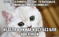 от стресса помогает разное - то поебёшься, то вмажешься многое помогает, неделя в кижах и всё без бля как рукой