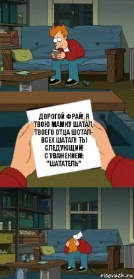 Дорогой Фрай! Я твою мамку шатал, твоего отца шотал- всех шатал! Ты следующий!
С уважением: "Шататель"