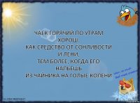 Чаек горячий по утрам хорош,
Как средство от сонливости и лени,
Тем более, когда его нальешь
Из чайника на голые колени