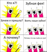 Кто я?! Зубная фея! Зачем я пришла? Взять наши зубки! А почему? Потому что мы пьём из луж!