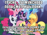 грусно... ты мужсково пола смотришь пони... обзывают? обращайся дадим в глаз очень дружно! вмести! ибо дружба привыше всего)