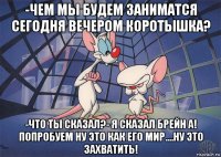 -чем мы будем заниматся сегодня вечером коротышка? -что ты сказал?- я сказал брейн а! попробуем ну это как его мир....ну это захватить!