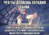 что ты делаешь сегодня сына тоже что и всегда мама попробую захватить этот мир!- ой какой сын у меня растет амбициозный!