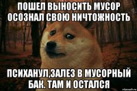 пошел выносить мусор осознал свою ничтожность психанул,залез в мусорный бак. там и остался