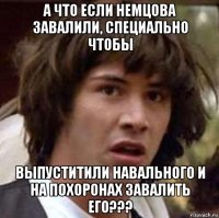 а что если немцова завалили, специально чтобы выпуститили навального и на похоронах завалить его???