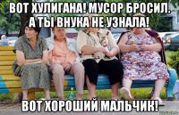 вот хулигана! мусор бросил. а ты внука не узнала! вот хороший мальчик!