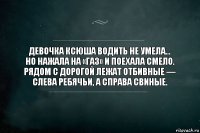 Девочка Ксюша водить не умела…
Но нажала на «газ» и поехала смело.
Рядом с дорогой лежат отбивные —
Слева ребячьи, а справа свиные.