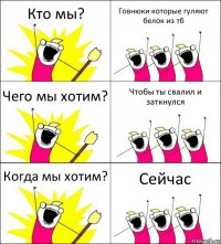 Кто мы? Говнюки которые гуляют белок из тб Чего мы хотим? Чтобы ты свалил и заткнулся Когда мы хотим? Сейчас