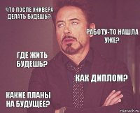 Что после универа делать будешь?  Где жить будешь? Какие планы на будущее? Как диплом?     Работу-то нашла уже?