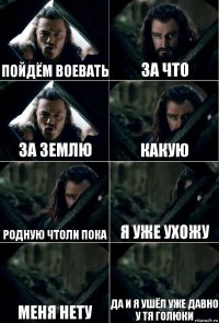 пойдём воевать за что за землю какую родную чтоли пока я уже ухожу меня нету да и я ушёл уже давно у тя голюки