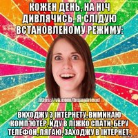 кожен день, на ніч дивлячись, я слідую встановленому режиму: виходжу з інтернету, вимикаю комп'ютер, йду в ліжко спати, беру телефон, лягаю, заходжу в інтернет.