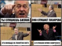 ты слушаешь Билана она слушает Лазарева эта вообще не понятно кого а я слушаю Юлию Савичеву)))