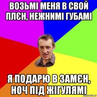 возьмі меня в свой плєн, нежнимі губамі я подарю в замєн, ноч під жігулямі