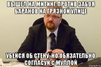 вышел на митинг против забоя баранов на грязной улице убейся об стену, но обязательно согласуй с муллой