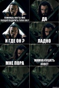 Помнишь как ты мне обещал подарить голос ВК ? Да И где он ? Ладно Мне пора Мамка кушать зовет  