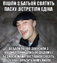 пішли з батьой святить пасху ,встрєтіли едіка вєбали по 100 ,закусили з кошика ,прийшли бухі додому і без ніхуя мама заставила сосать у тузіка і красить йому яйола