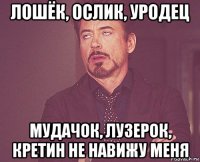 лошёк, ослик, уродец мудачок, лузерок, кретин не навижу меня