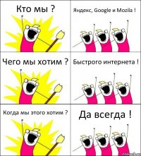 Кто мы ? Яндекс, Google и Mozila ! Чего мы хотим ? Быстрого интернета ! Когда мы этого хотим ? Да всегда !