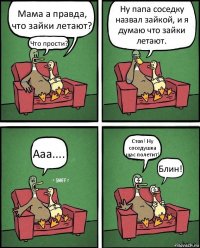 Мама а правда, что зайки летают? Что прости? Ну папа соседку назвал зайкой, и я думаю что зайки летают. Ааа.... Стоп! Ну соседушка щас полетит! Блин!