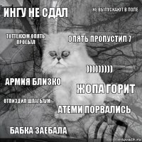 Ингу не сдал Жопа горит Опять пропустил 7 Бабка заебала Армия близко Не выпускают в поле Атеми порвались Тоттенхэм опять проебал Отпиздил шлагбаум )))))))))